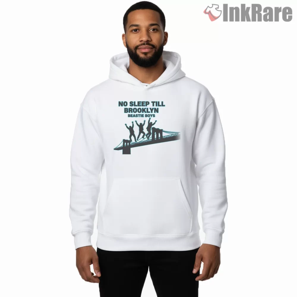 No Sleep Till Brooklyn Bridge Silhouette Tribute Shirt on white hoodie for men graphic tee