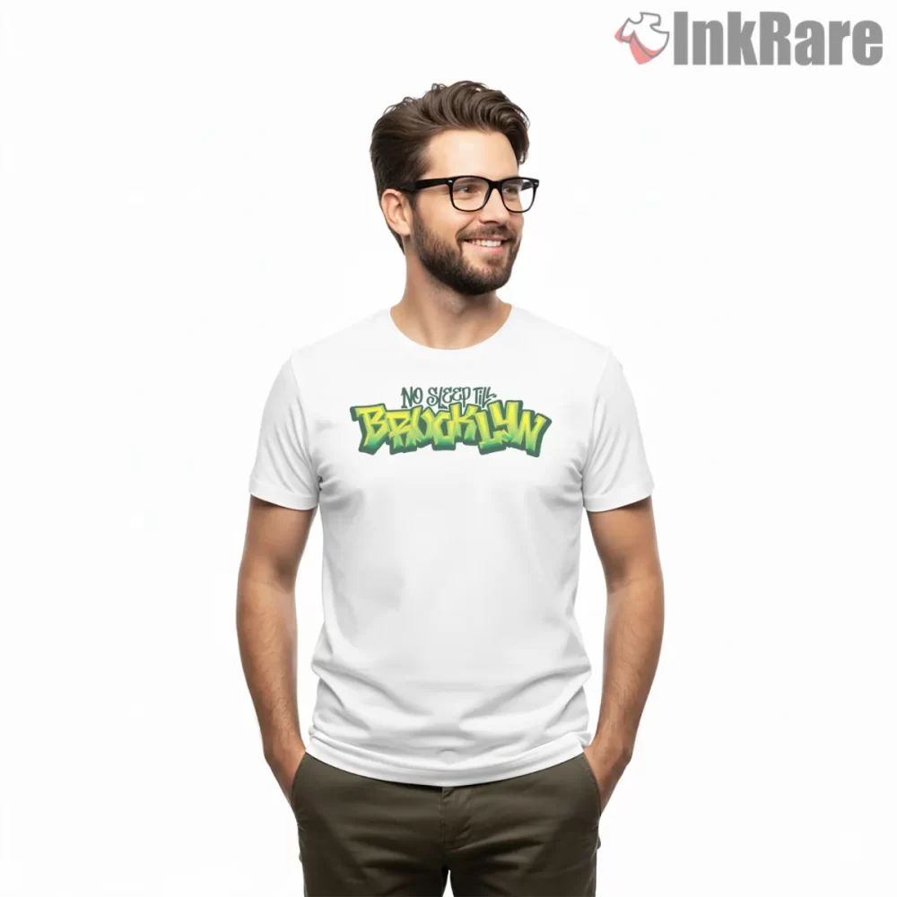 No Sleep Till Brooklyn Green Graffiti Lettering Shirt on white short sleeve shirt for men graphic tee