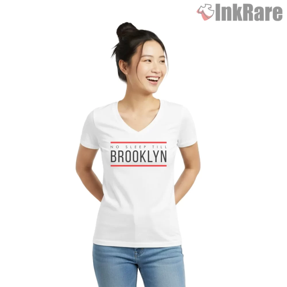 No Sleep Till Brooklyn Minimalist Lettering Shirt on white v-neck shirt for women graphic tee