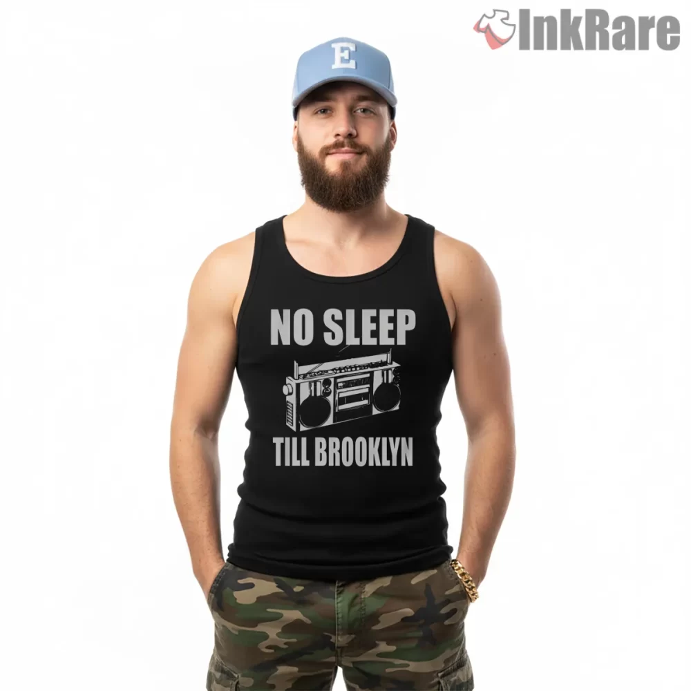 No Sleep Till Brooklyn Monochrome Boombox Poster Shirt on black tank top for men graphic tee