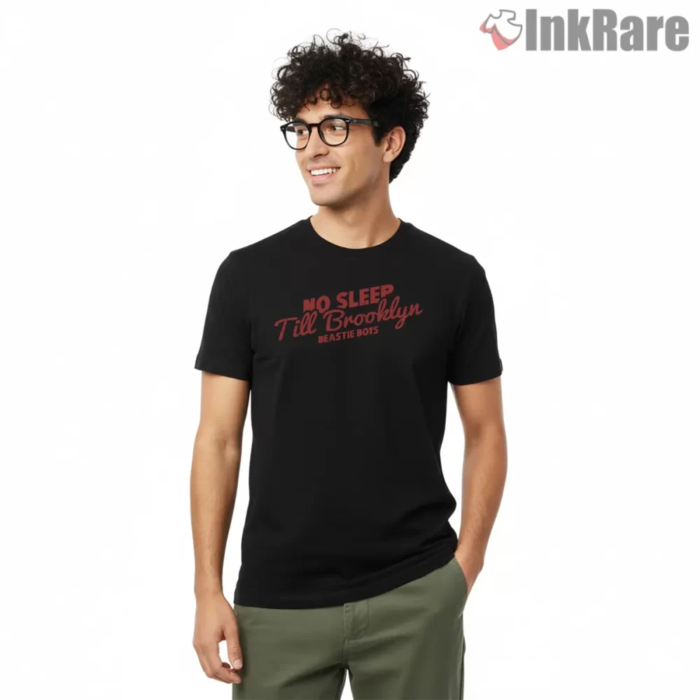 No Sleep Till Brooklyn Neon Script Tribute Shirt on black short sleeve shirt for men graphic tee