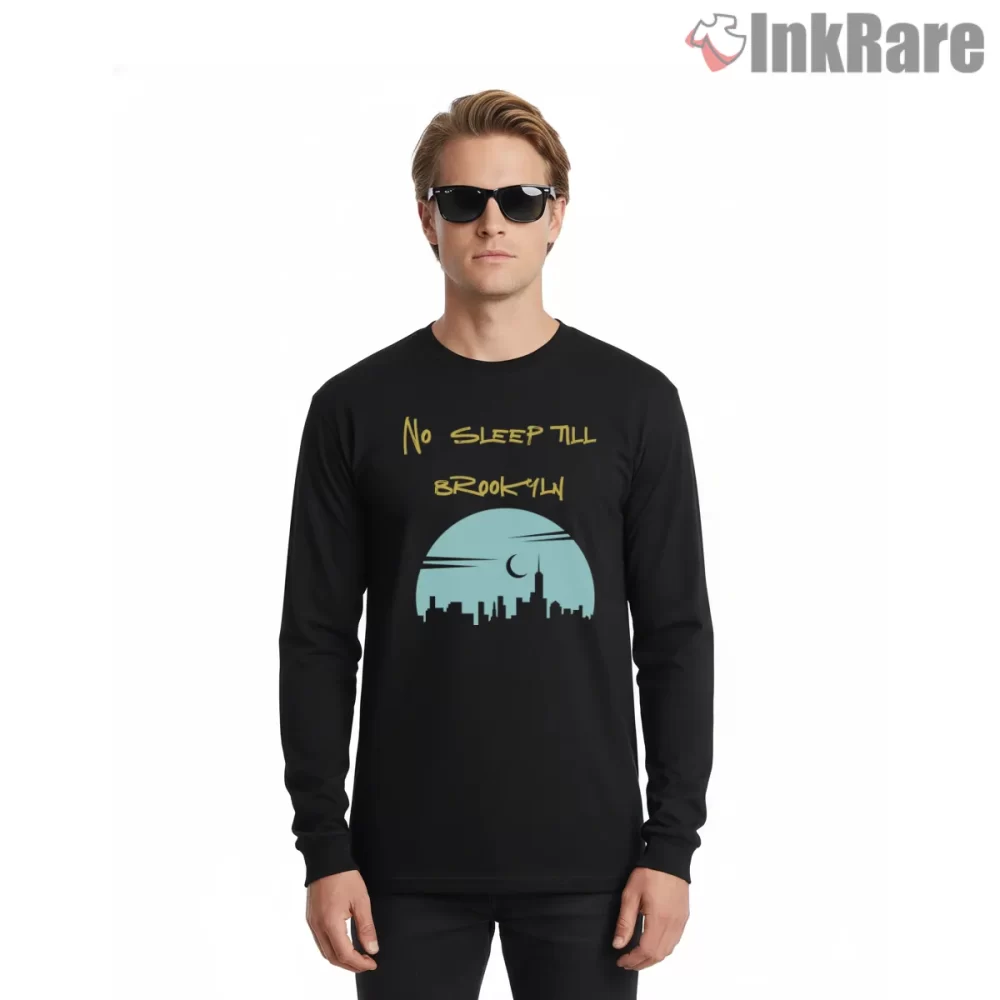 No Sleep Till Brooklyn Night Skyline Shirt on black long sleeve shirt for men graphic tee