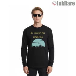 No Sleep Till Brooklyn Night Skyline Shirt on black long sleeve shirt for men graphic tee