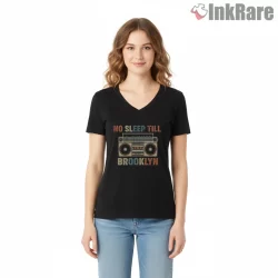 No Sleep Till Brooklyn Retro Boombox Poster Shirt on black v-neck shirt for women graphic tee