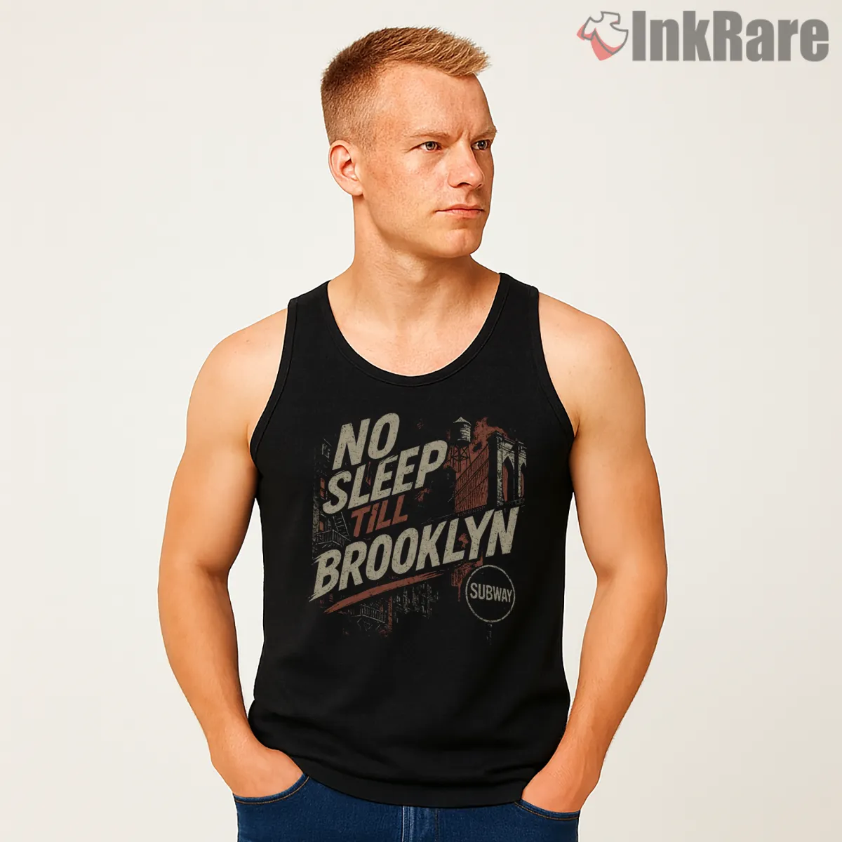 No Sleep Till Brooklyn Subway Grunge Poster Shirt on black tank top for men graphic tee