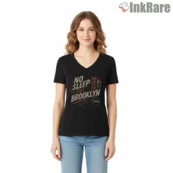 No Sleep Till Brooklyn Subway Grunge Poster Shirt on black v-neck shirt for women graphic tee