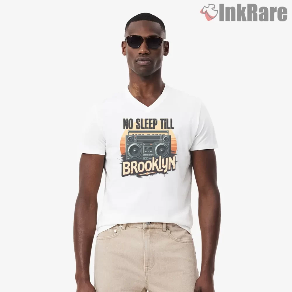 No Sleep Till Brooklyn Sunset Boombox Shirt on white v-neck shirt for men graphic tee