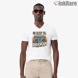 No Sleep Till Brooklyn Sunset Boombox Shirt on white v-neck shirt for men graphic tee