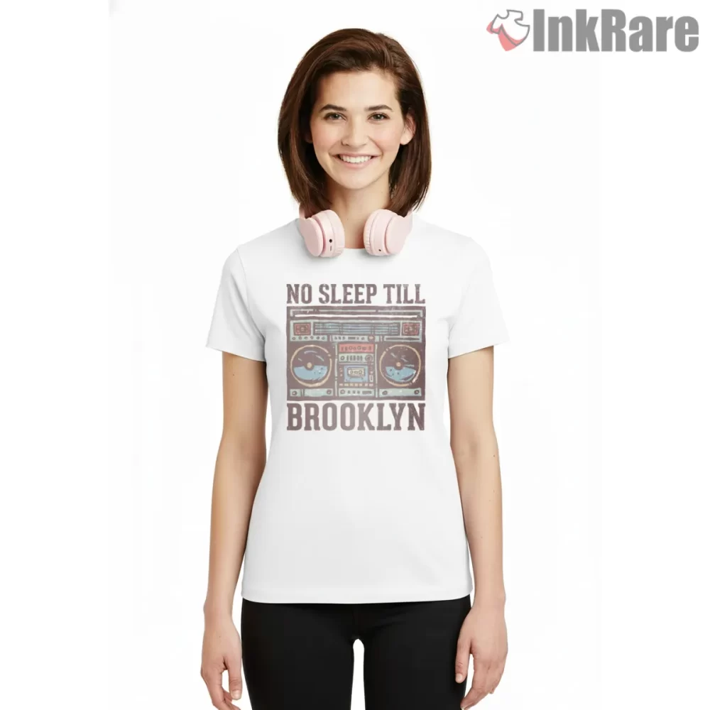No Sleep Till Brooklyn Vintage Boombox Poster Shirt on white short sleeve shirt for women graphic tee