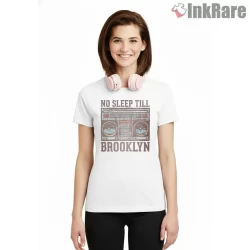 No Sleep Till Brooklyn Vintage Boombox Poster Shirt on white short sleeve shirt for women graphic tee