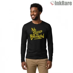 No Sleep Till Brooklyn Yellow Script Graffiti Shirt on black long sleeve shirt for men graphic tee