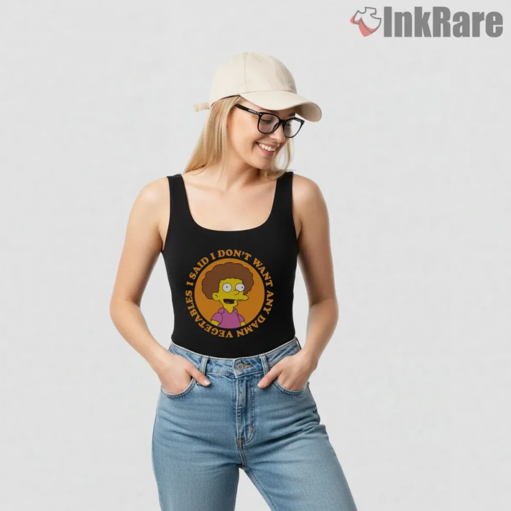 No Vegetables Simpsons Quote Circular Cartoon Shirt on black tank top for women graphic tee