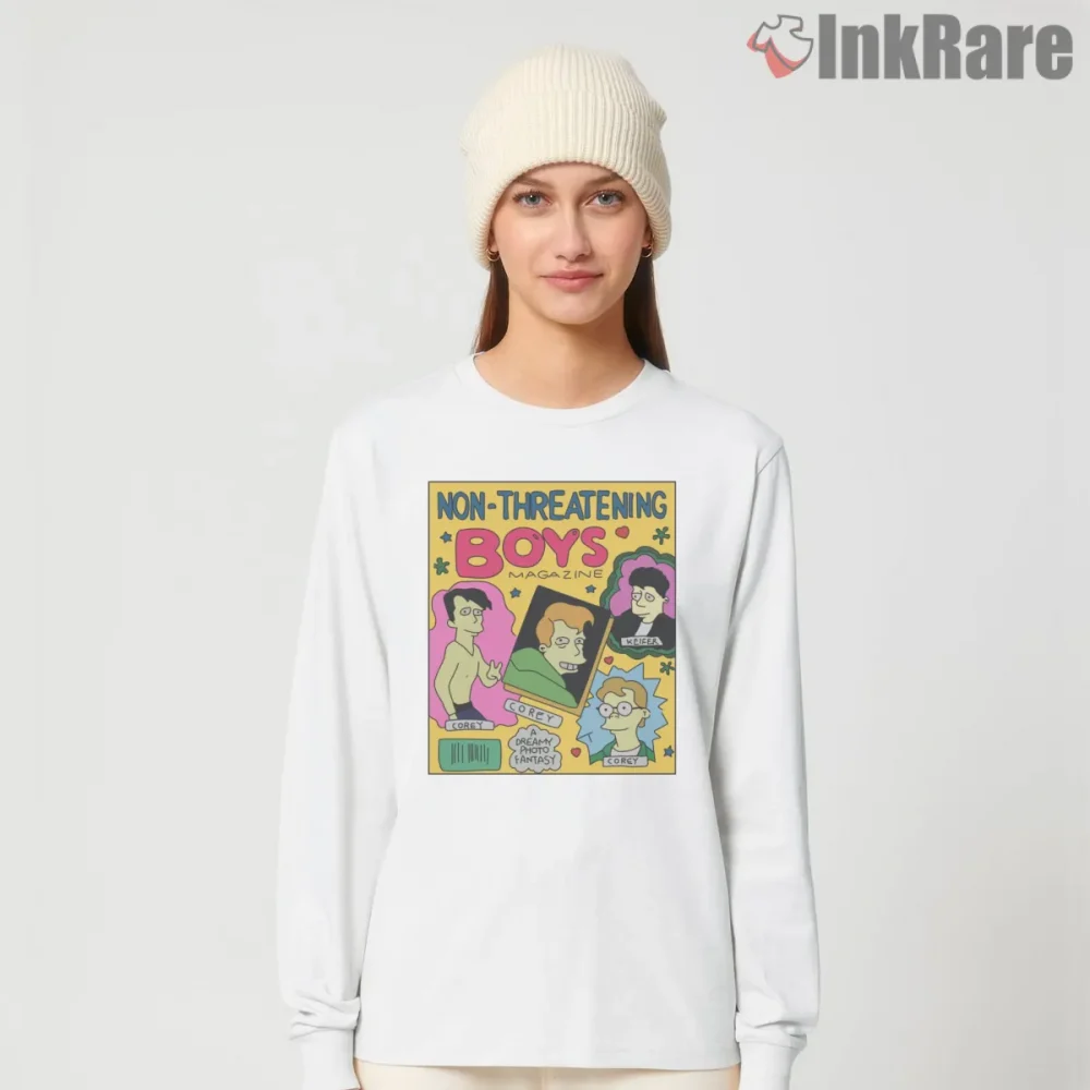 Non Threatening Boys Magazine Simpsons Retro Cover Shirt on white long sleeve shirt for women graphic tee