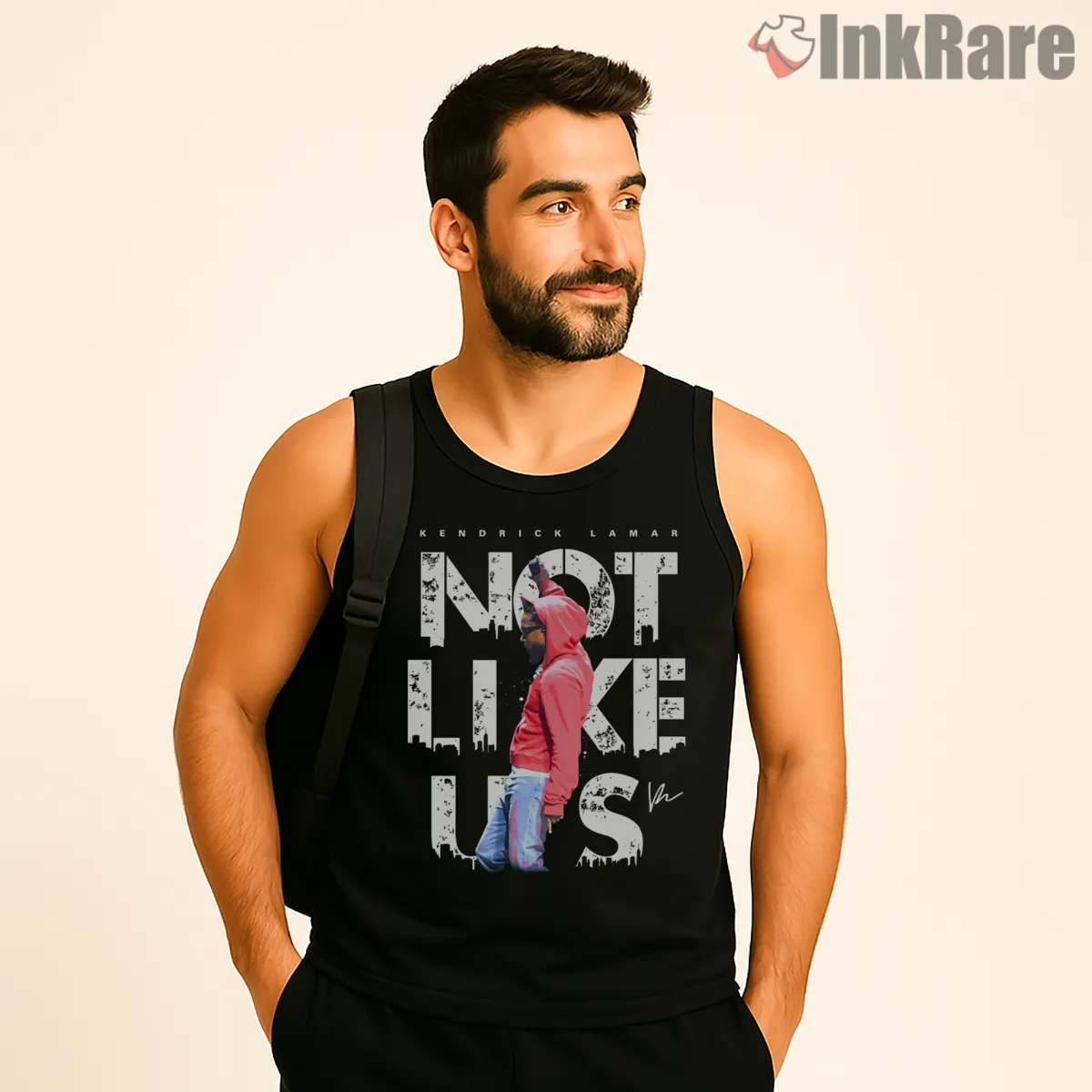 Not Like Us Kendrick Lamar Red Hoodie Pose Tank Top Black Not Like Us Kendrick Lamar Red Hoodie Pose Shirt on black tank top for men graphic tee