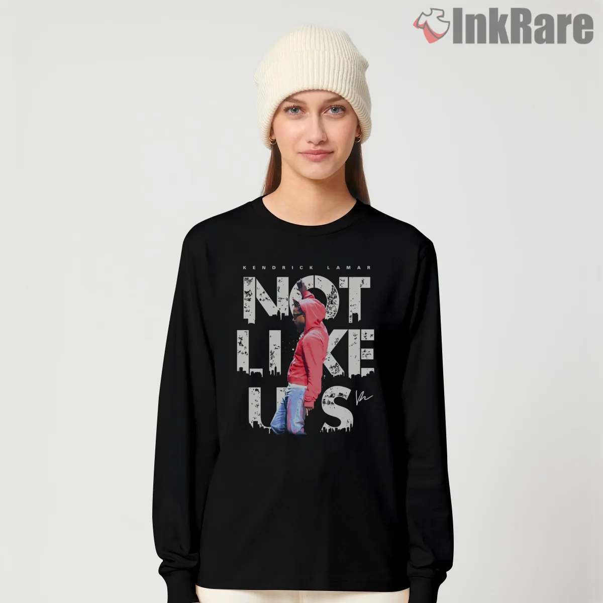 Not Like Us Kendrick Lamar Red Hoodie Pose Long Sleeve Black Not Like Us Kendrick Lamar Red Hoodie Pose Shirt on black long sleeve shirt for women graphic tee