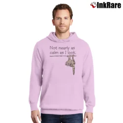Men’s Not Nearly As Calm As I Look Cat Comical Funny Sarcastic Pullover Hoodie in light pink | Cozy, Durable, Modern Fit