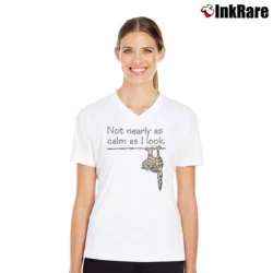 Women’s Not Nearly As Calm As I Look Cat Comical Funny Sarcastic V-Neck Tee in white | Chic Neckline, Soft Texture