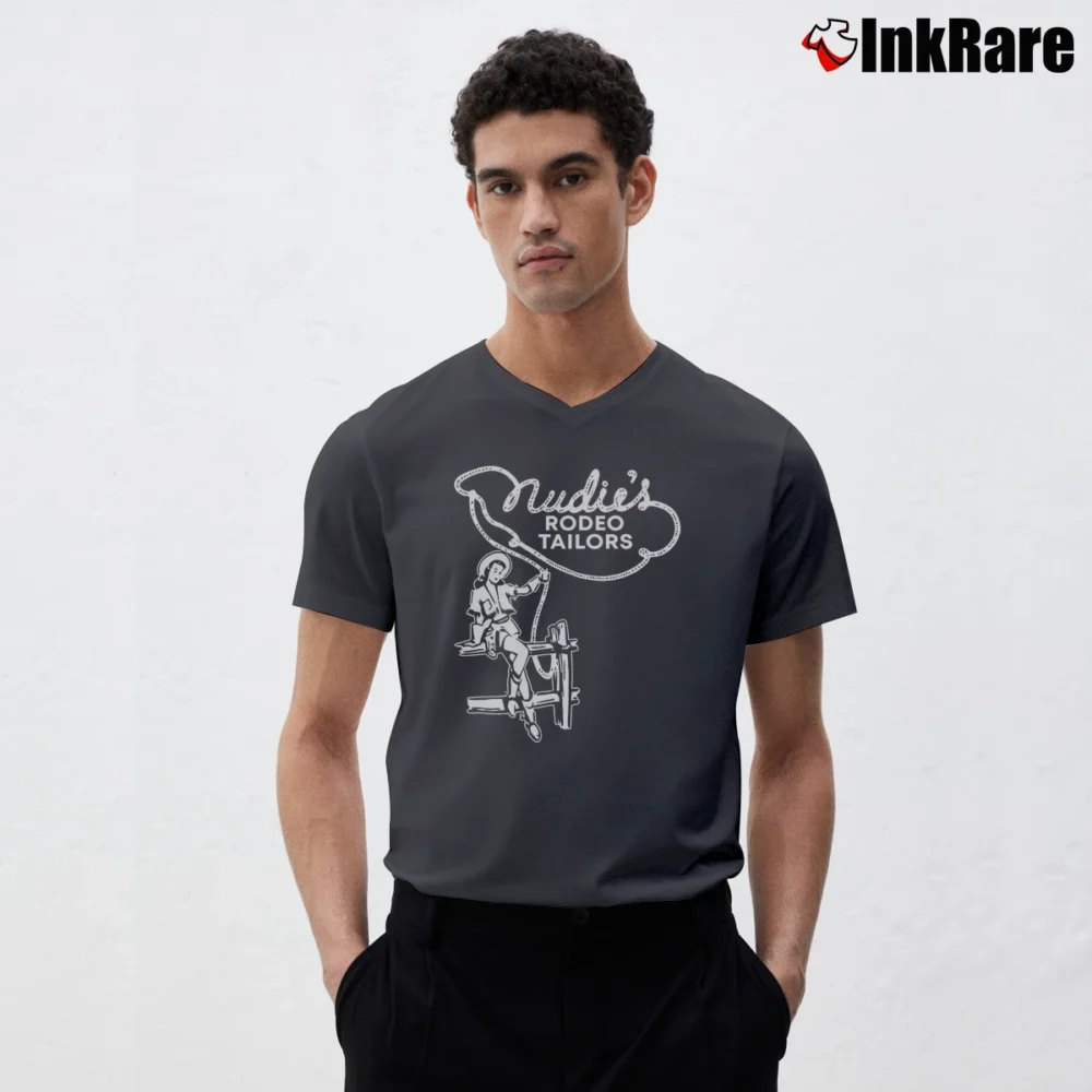 Men’s Nudies Rodeo Tailor Western V-Neck Tee in charcoal | Sharp, Breathable, Everyday Staple
