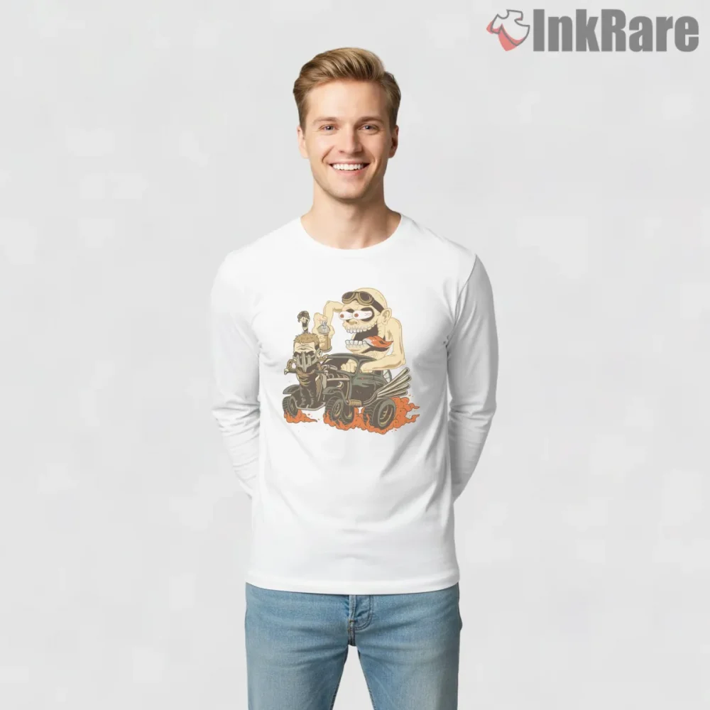 Nux Hot Rod Fink Style Mad Max Cartoon Car Shirt on white long sleeve shirt for men graphic tee