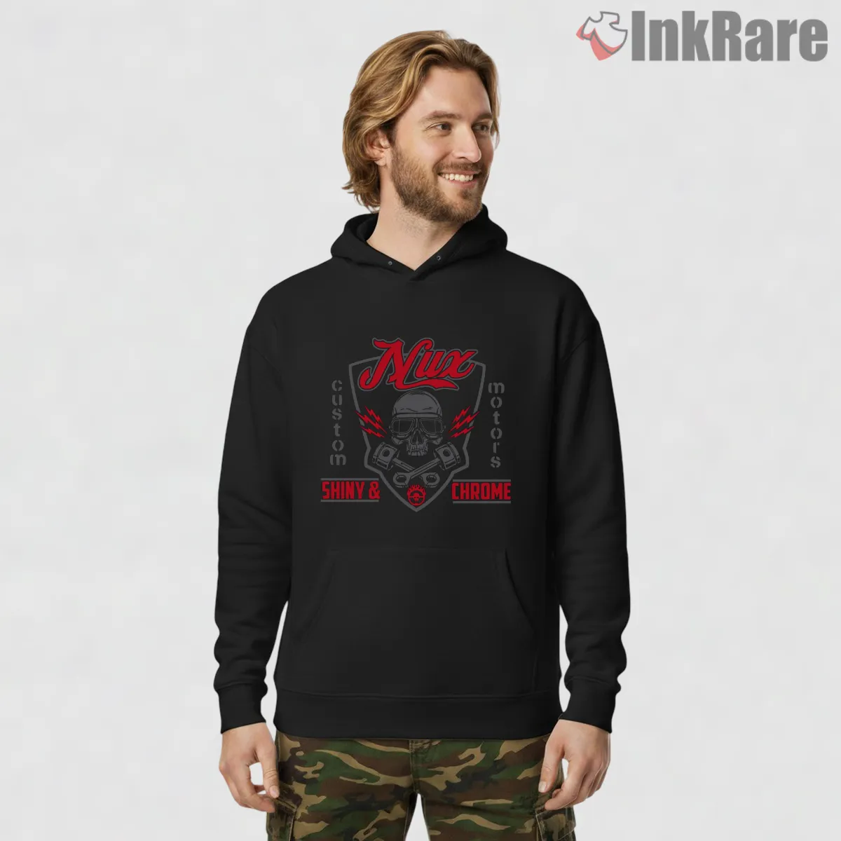 Nux Shiny And Chrome Skull Engine Graphic Shirt on black hoodie for men graphic tee