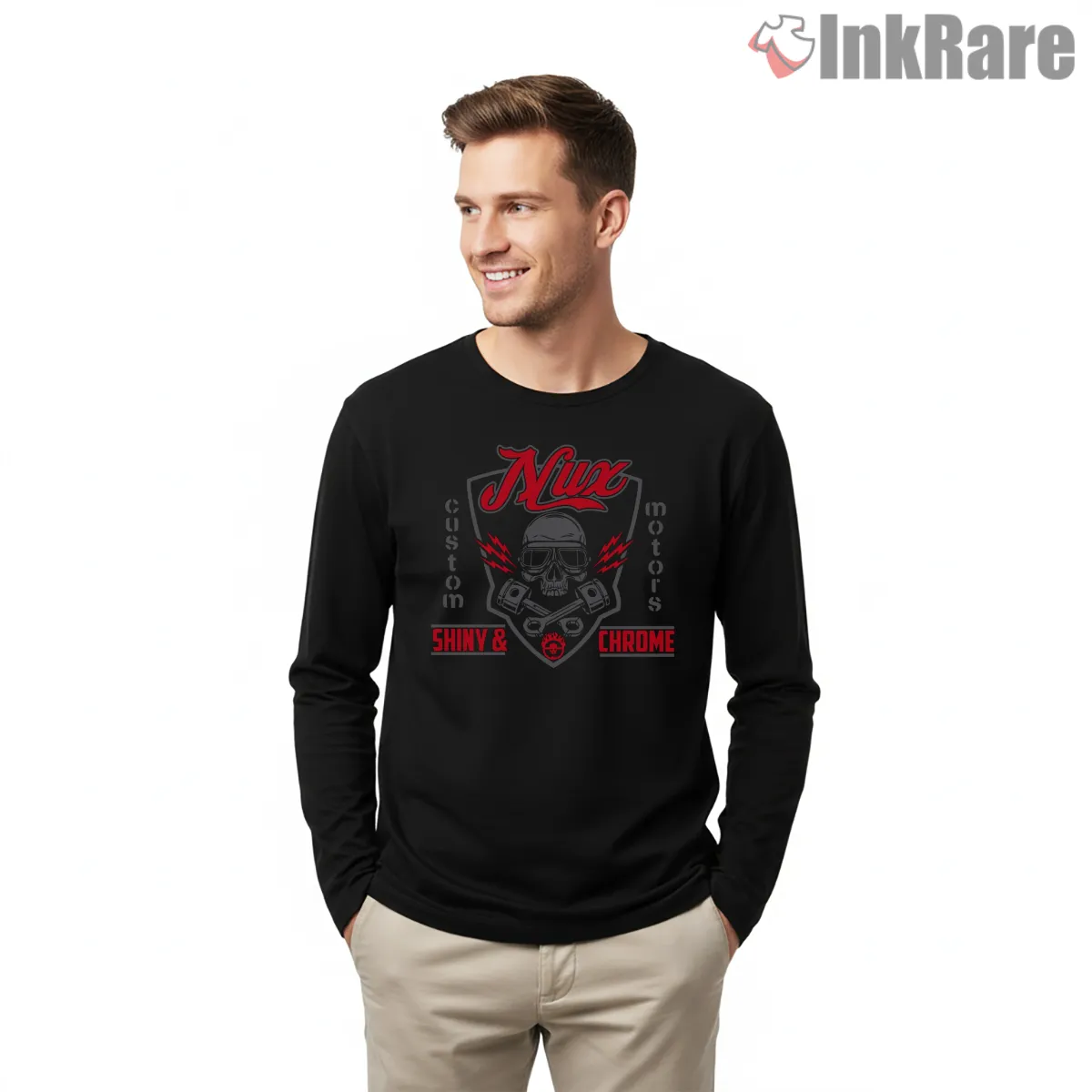 Nux Shiny And Chrome Skull Engine Graphic Long Sleeve Black Nux Shiny And Chrome Skull Engine Graphic Shirt on black long sleeve shirt for men graphic tee