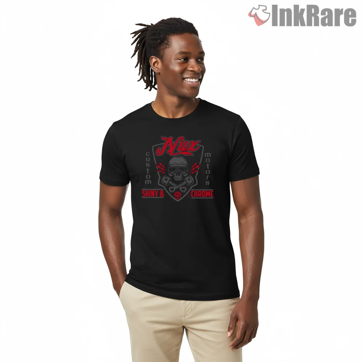 Nux Shiny And Chrome Skull Engine Graphic Short Sleeve Black Nux Shiny And Chrome Skull Engine Graphic Shirt on black short sleeve shirt for men graphic tee