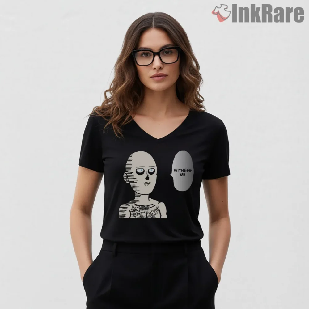 Nux Witness Me One Punch Man Mashup Anime Shirt on black v-neck shirt for women graphic tee