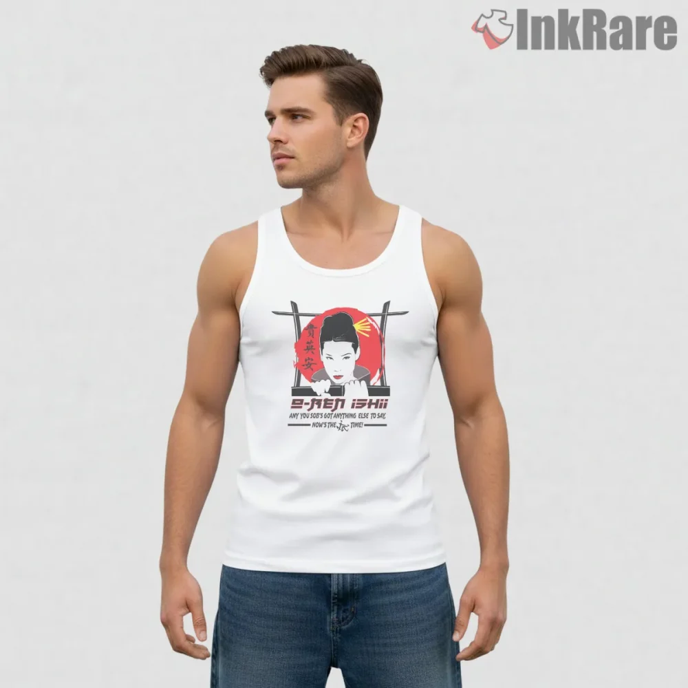 O Ren Ishii Rising Sun Samurai Portrait Kill Bill Shirt on white tank top for men graphic tee