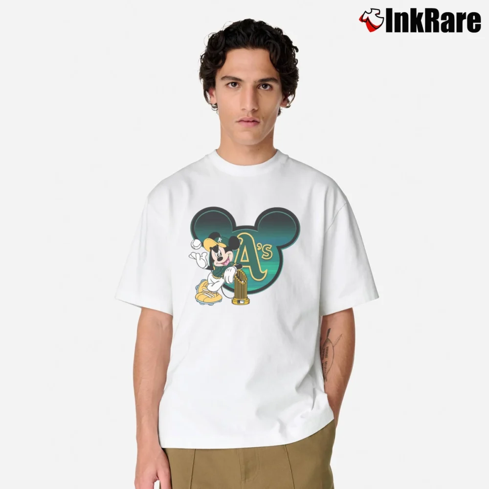 Men’s Oakland Athletics Commissioner's Trophy Mickey Mouse Classic T-Shirt in white | Soft, Breathable Everyday Wear