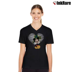 Women’s Oakland Athletics Heart Mickey Mouse Baseball V-Neck Tee in black | Chic Neckline, Soft Texture
