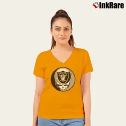 Women’s Oakland Raiders Grateful Dead Steal Your Face Football V-Neck Tee in orange | Chic Neckline, Soft Texture