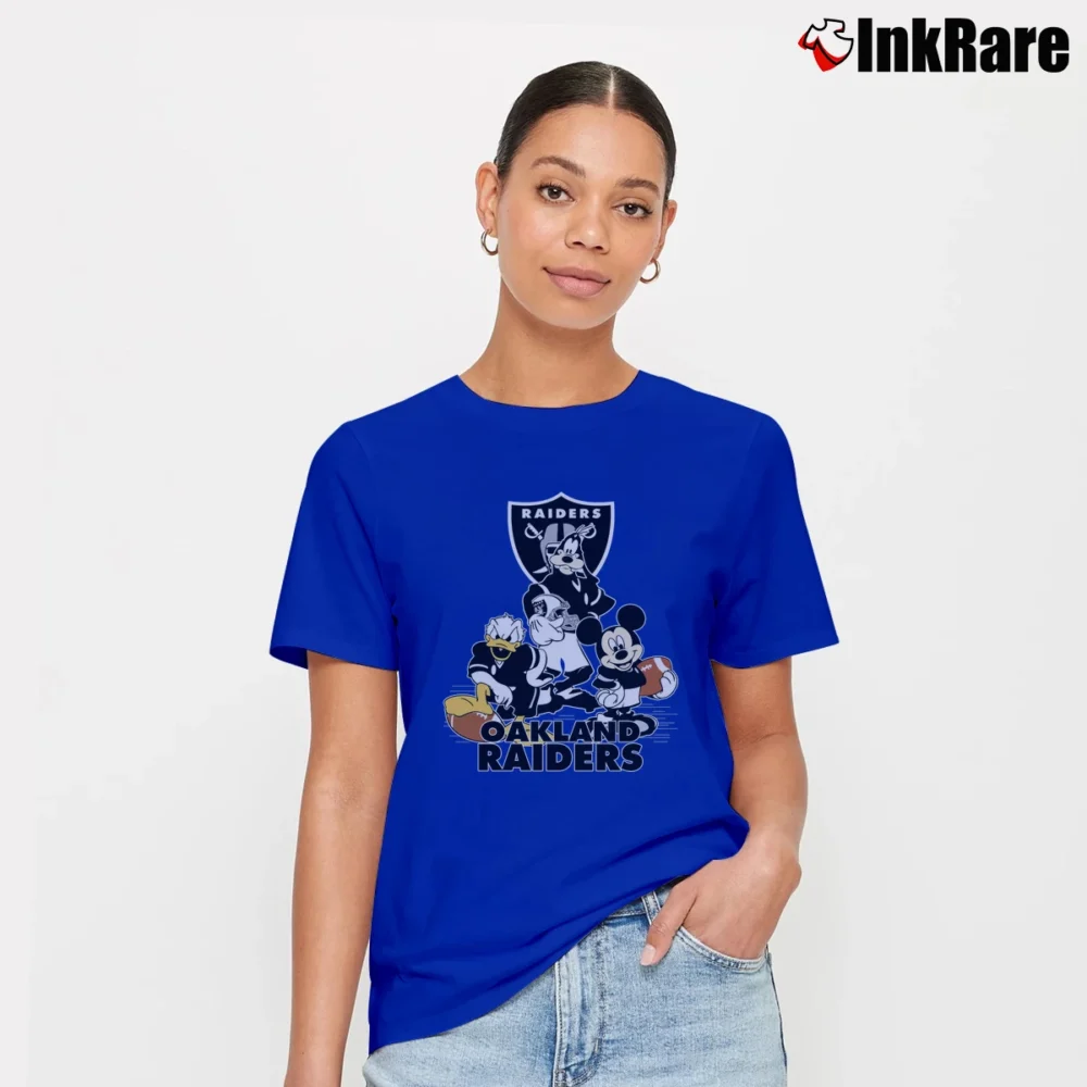 Women’s Oakland Raiders Mickey Donald Goofy Football Signature T-Shirt in royal blue | Soft, Flattering Fit