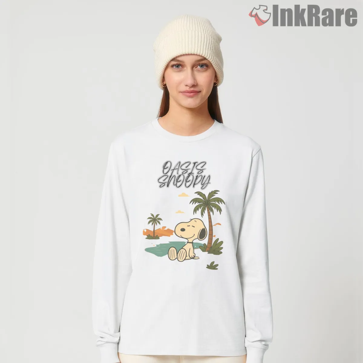 Oasis Snoopy Desert Chill Shirt on white long sleeve shirt for women graphic tee