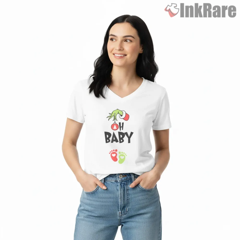 Oh Baby Grinch Christmas Pregnancy Announcement Shirt on white v-neck shirt for women graphic tee