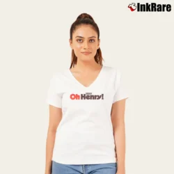 Women’s Oh Henry Chocolate Peanut Fudge Caramel Candy V-Neck Tee in white | Chic Neckline, Soft Texture