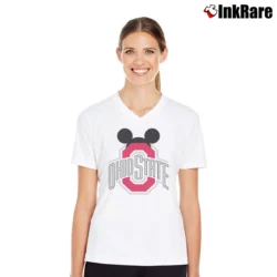 Women’s Ohio State Buckeyes Mickey Mouse Football Classic V-Neck Tee in white | Chic Neckline, Soft Texture