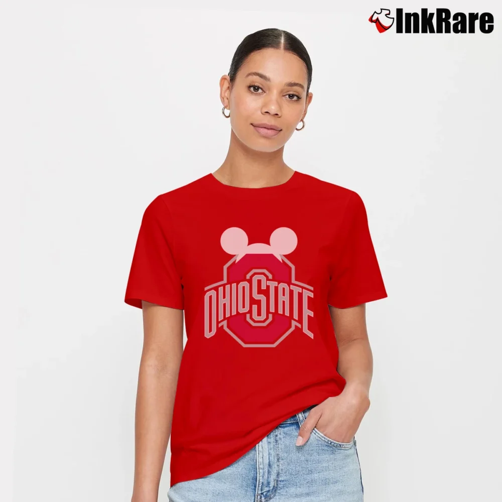 Women’s Ohio State Buckeyes Mickey Mouse Football Signature T-Shirt in red | Soft, Flattering Fit
