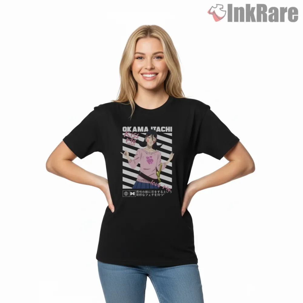 Okama Itachi Anime Parody Character Shirt on black short sleeve shirt for women graphic tee