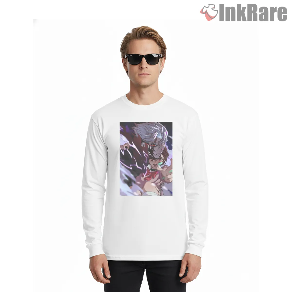 Okarun And Momo Psychic Lightning Battle Dandadan Long Sleeve White Okarun And Momo Psychic Lightning Battle Dandadan Shirt on white long sleeve shirt for men graphic tee