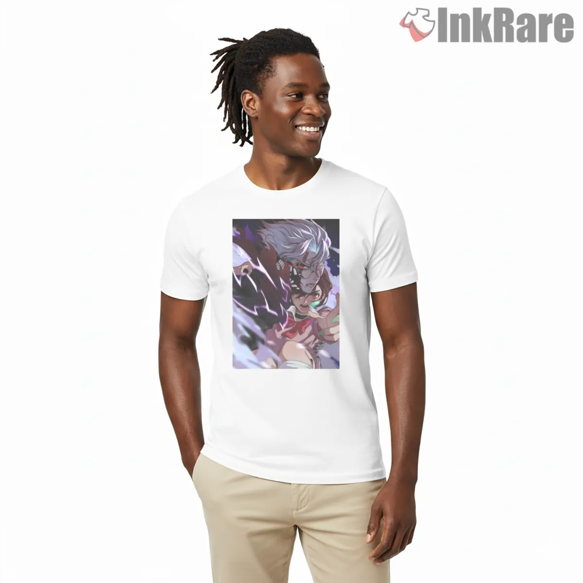 Okarun And Momo Psychic Lightning Battle Dandadan Short Sleeve White Okarun And Momo Psychic Lightning Battle Dandadan Shirt on white short sleeve shirt for men graphic tee