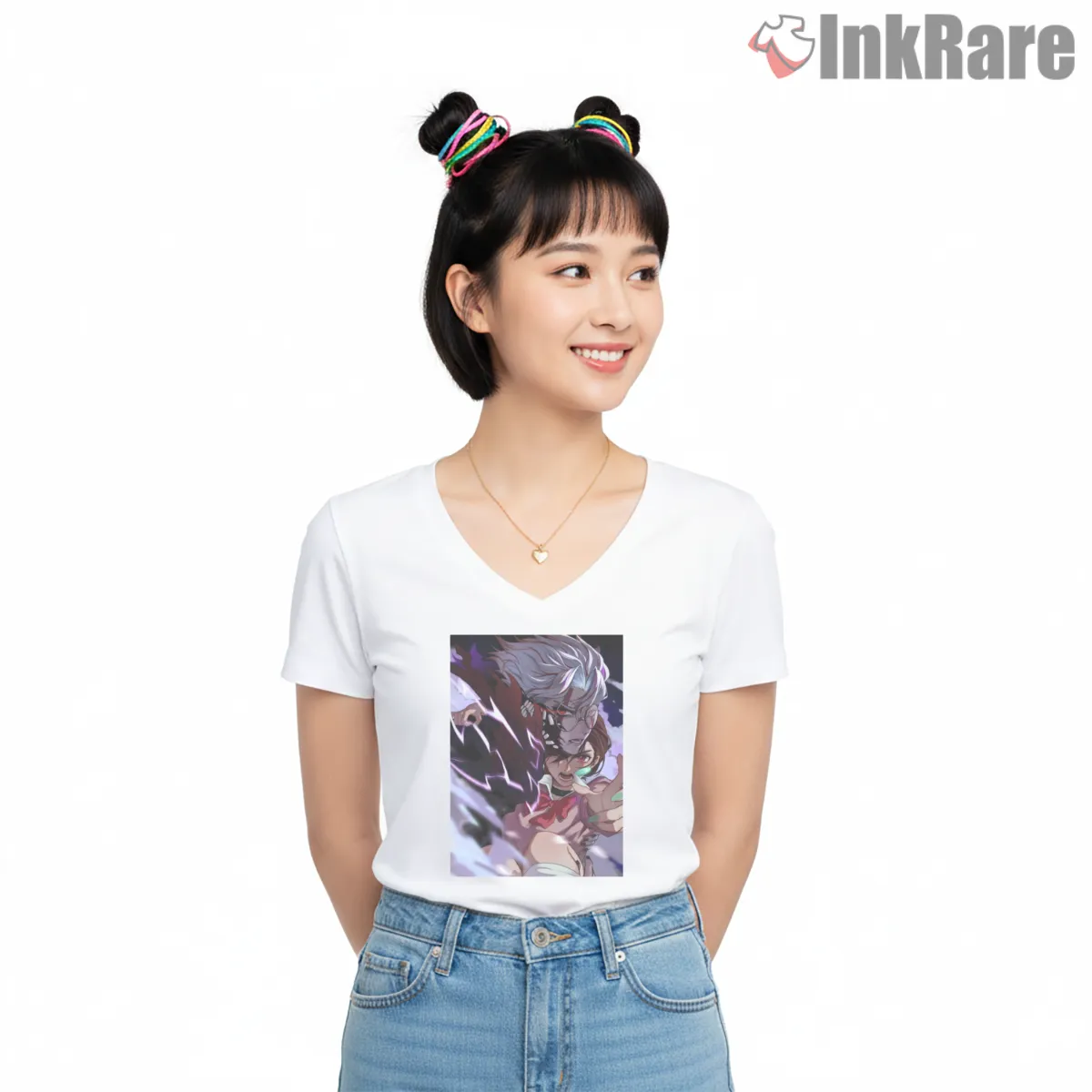 Okarun And Momo Psychic Lightning Battle Dandadan V Neck White Okarun And Momo Psychic Lightning Battle Dandadan Shirt on white v-neck shirt for women graphic tee
