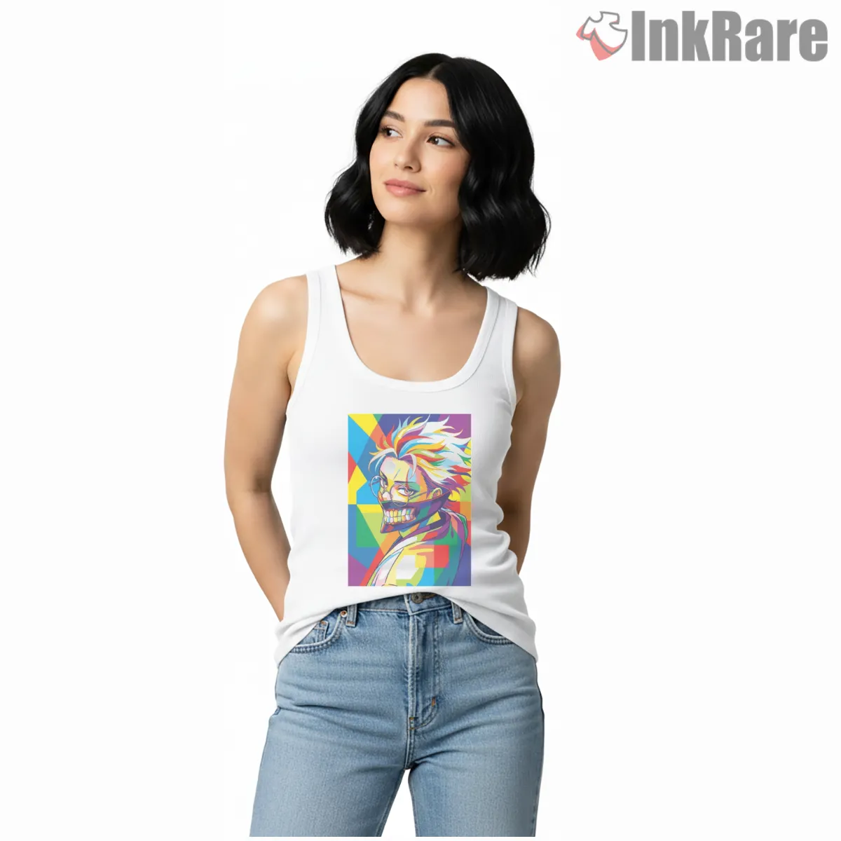 Okarun Colorful Wpap Pop Art Dandadan Tank Top White Okarun Colorful Wpap Pop Art Dandadan Shirt on white tank top for women graphic tee