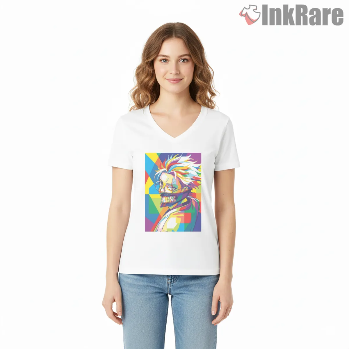 Okarun Colorful Wpap Pop Art Dandadan V Neck White Okarun Colorful Wpap Pop Art Dandadan Shirt on white v-neck shirt for women graphic tee