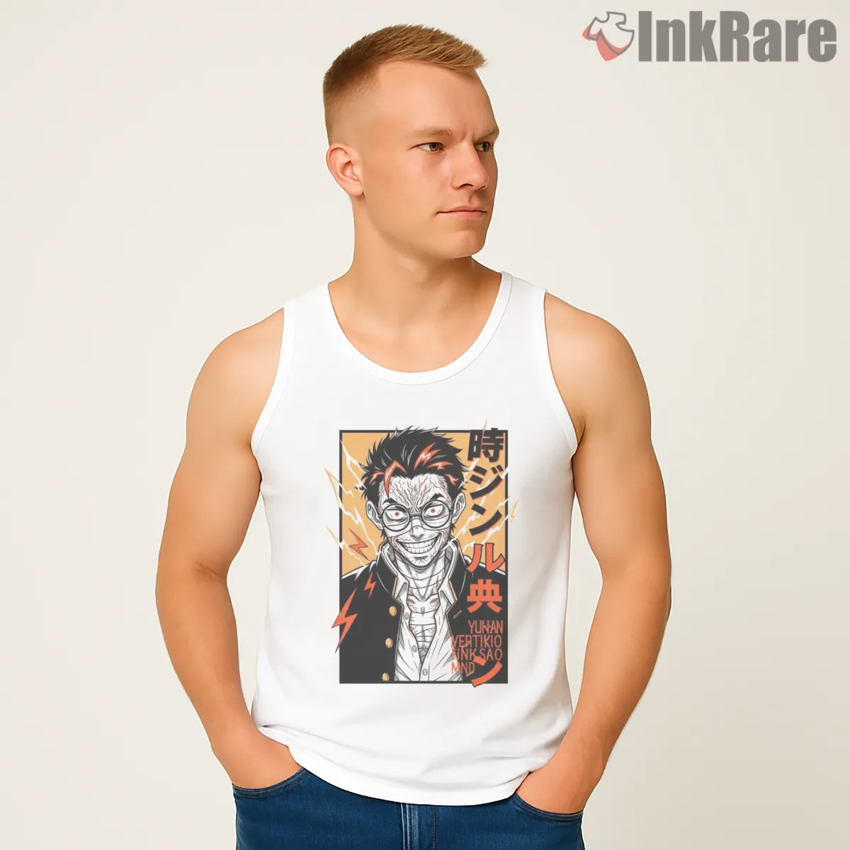 Okarun Cursed Transformation Manga Portrait Tank Top White Okarun Cursed Transformation Manga Portrait Shirt on white tank top for men graphic tee