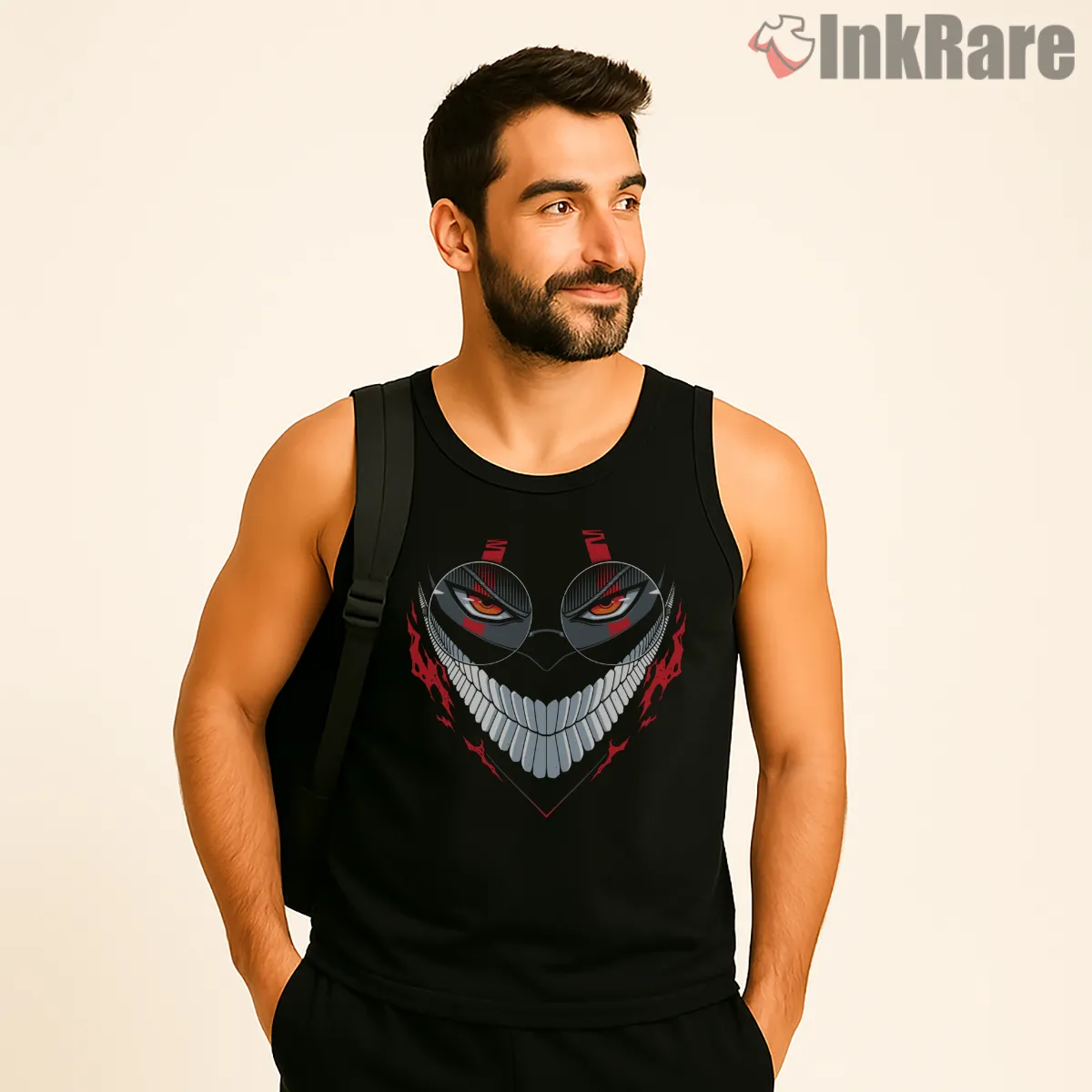 Okarun Dark Yokai Grin Anime Tank Top Black Okarun Dark Yokai Grin Anime Shirt on black tank top for men graphic tee