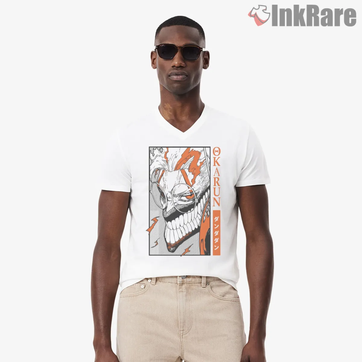 Okarun Demon Skull Manga Horror Dandadan V Neck White Okarun Demon Skull Manga Horror Dandadan Shirt on white v-neck shirt for men graphic tee