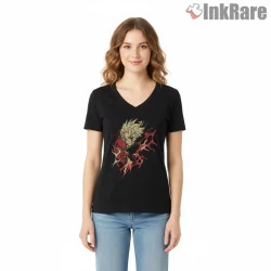 Okarun Demonic Energy Transformation Anime Shirt on black v-neck shirt for women graphic tee