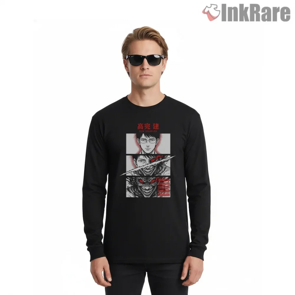 Okarun Dual Identity Anime Transformation Shirt on black long sleeve shirt for men graphic tee