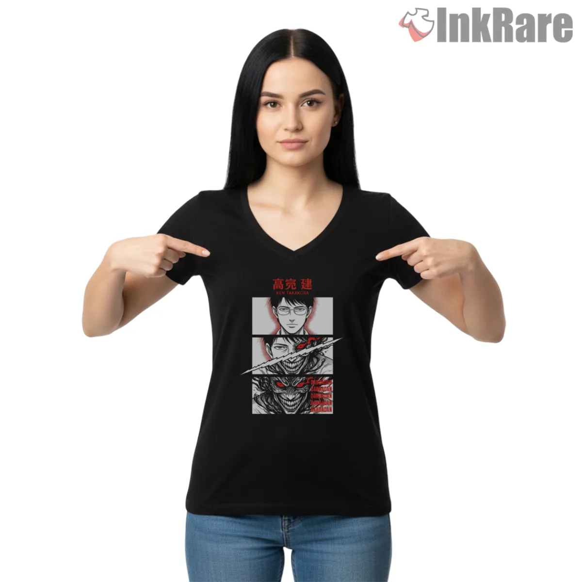 Okarun Dual Identity Anime Transformation V Neck Black Okarun Dual Identity Anime Transformation Shirt on black v-neck shirt for women graphic tee