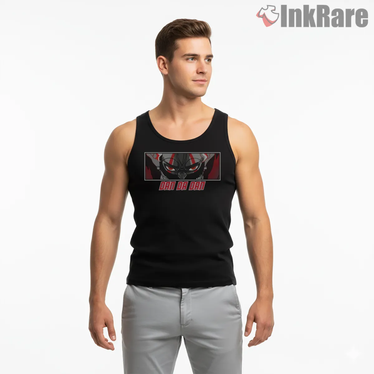 Okarun Intense Gaze Anime Graphic Tank Top Black Okarun Intense Gaze Anime Graphic Shirt on black tank top for men graphic tee